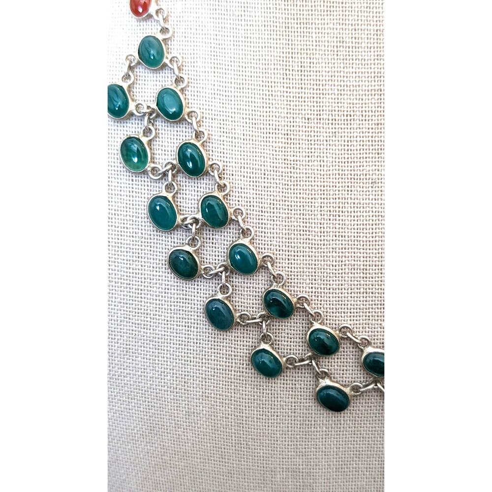 Vtg Green & Red Onyx Cabochons 925 Sterling Silver Collar Hook Clasp Necklace - Picture 2 of 11
